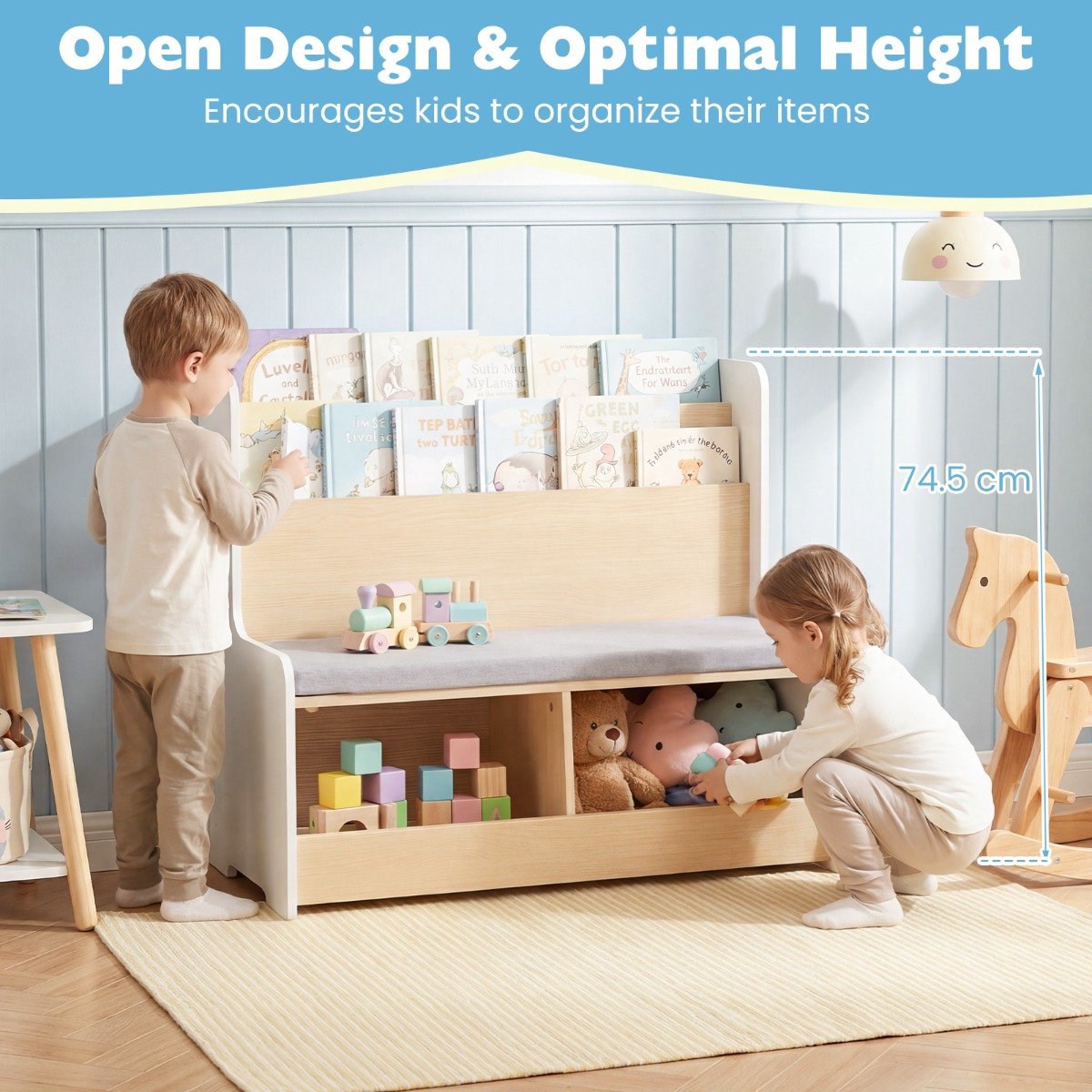 SureDeal® - Boekenkast - Kinderstoel - Kinderen Kikkervormig - Boekenplank Opbergvakken - Wasbaar Kussen Houten - 80x48x74,5 cm - Wit