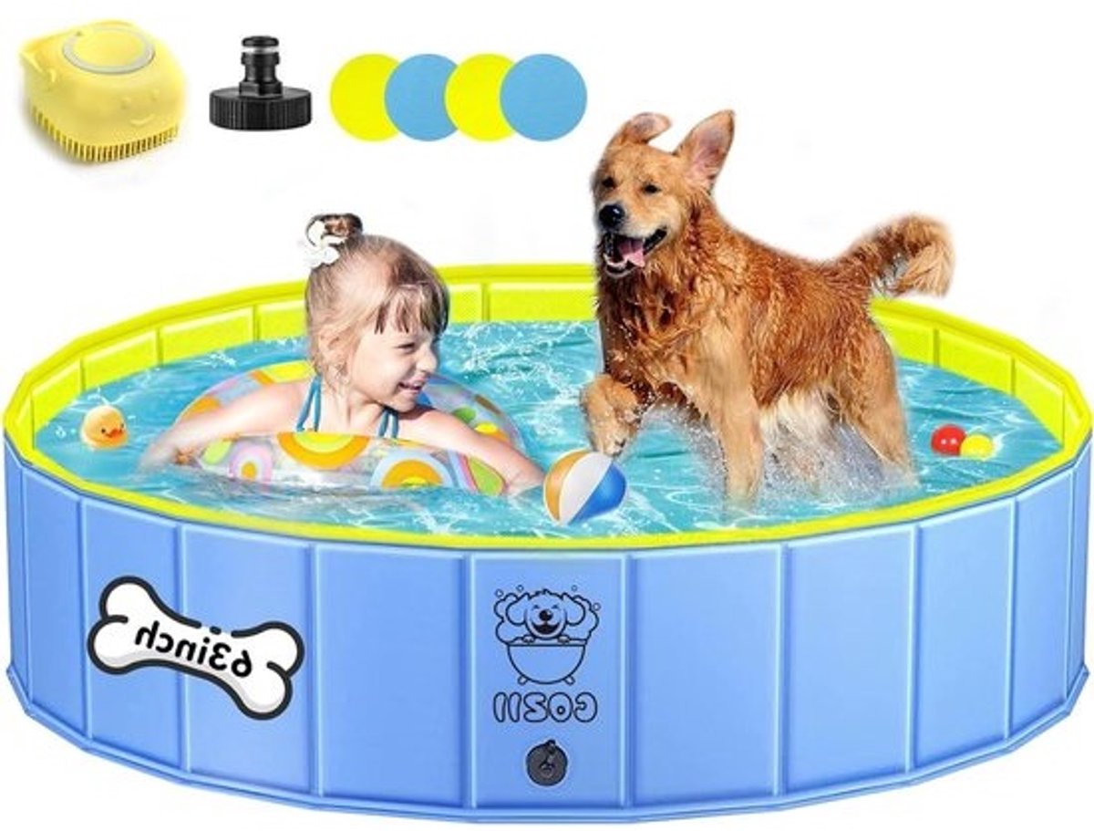 Hondenbad Opvouwbaar - Hondenzwembad Kinderbad - Huisdieren Verkoelen - Antislip Bodem - 160 x 30 cm - Blauw