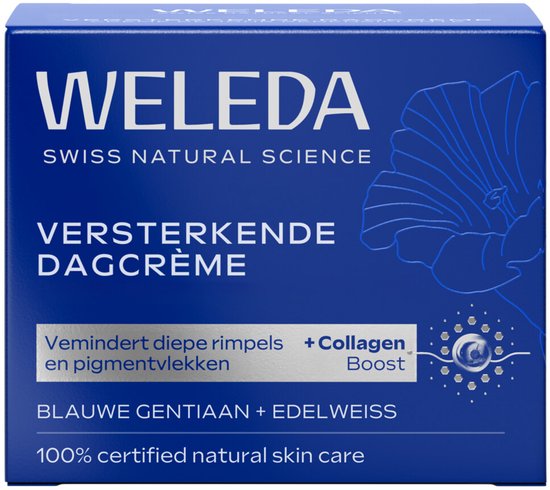 Doos Weleda Blauwe Gentiaan & Edelweiss Versterkende Dagcrème. Vertind met blauwe gentiaan en edelweiss.
