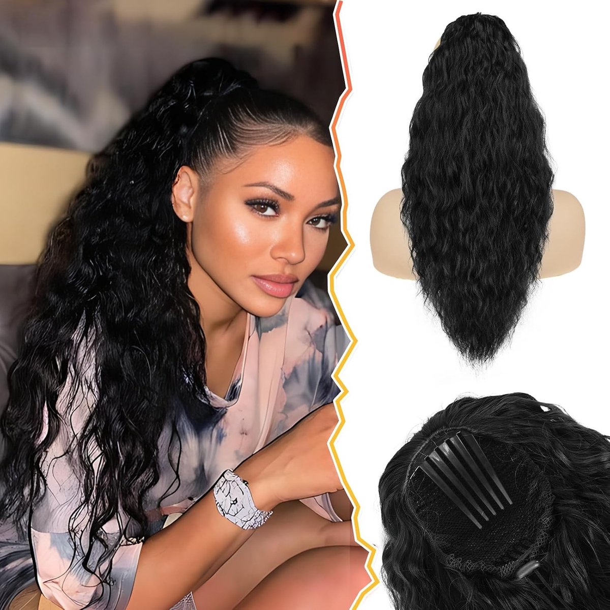 Zwarte 22" Ponytail Extensions met Drawstring, Golvende Krullende Synthetische Haarstuk voor Dikke Bohemian Staart, Ideaal voor Vrouwen en Feestjes