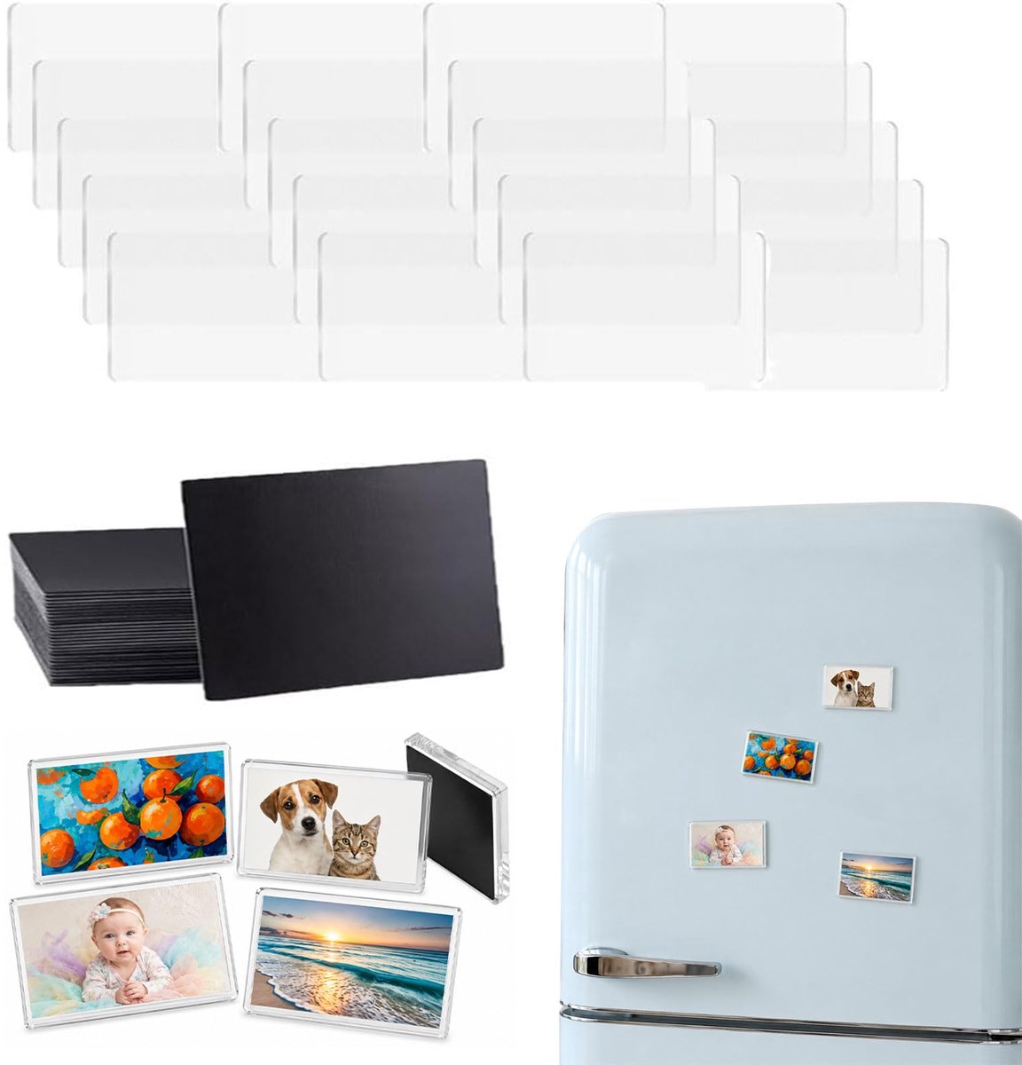 Namajunas - 30 stuks DIY magneten koelkast - Acryl magneten whiteboard voor foto's - 5 x 5 cm magneten zelf vormgeven - Met zelfklevende achterkant en magneet - knutselset voor het individueel ontwerpen van fotomagneten voor keuken en klaslokaal