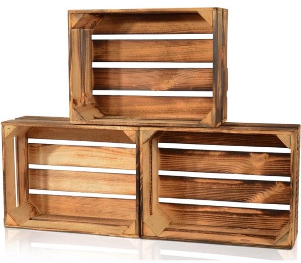Gevlamde Fruitkisten - Houten Kisten - Opbergen & Decoreren - Set van 3 - 38x28x15 cm - Licht Gevlamd
