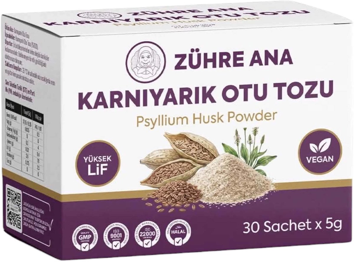 Zühre Ana Psyllium Husk Poeder – Karnıyarık Otu Tozu – 30 Sachets x 5 g – 150 g – Vezelrijk – Vegan