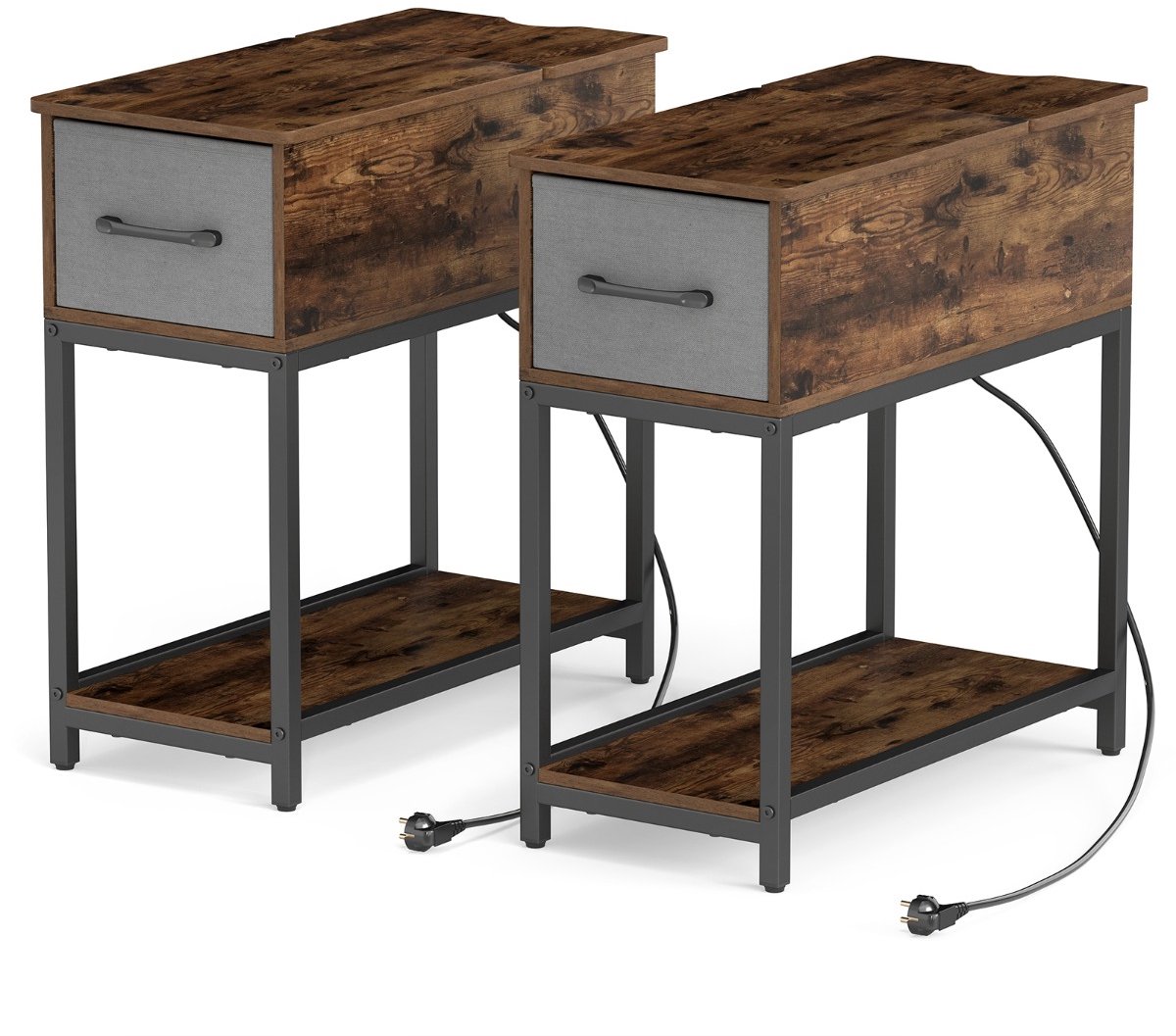 SureDeal® - Bijzettafel - Oplaadstation - Ledverlichting Nachtkastje Industriële - Stof Beklede Lades - Open Planken - 60x29x62 cm - Koffiebruin
