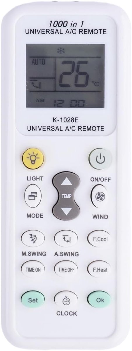 Universele afstandsbediening voor airconditioning met 1000 codes, LCD-display, lichtfunctie en compatibiliteit met vrijwel alle airco's