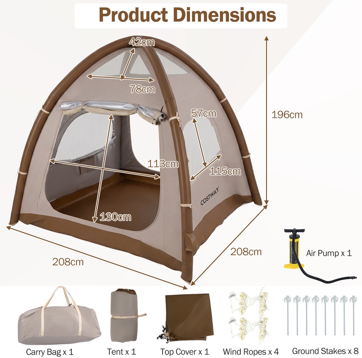 SureDeal® - Kamper - Opblaasbare Campingtent - Personen Waterdichte Lucht - Dakraam Deuren - Netramen Familietent - 208x208x196 cm - Koffiebruin