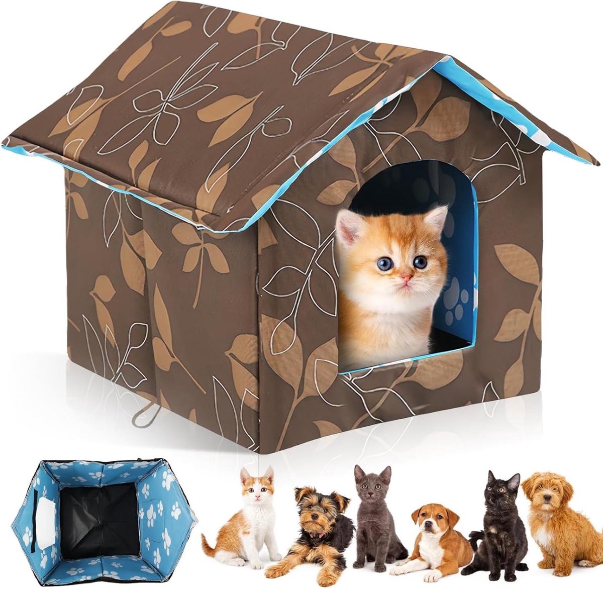 longziming - Kattenhuis voor Buiten - Winterbestendig en Waterdicht - 40 x 38 x 35 cm - Opvouwbaar Kattenverblijf met Afneembaar Kussen - Warm Buitenhuis voor Katten, Zwerfkatten en Kleine Honden