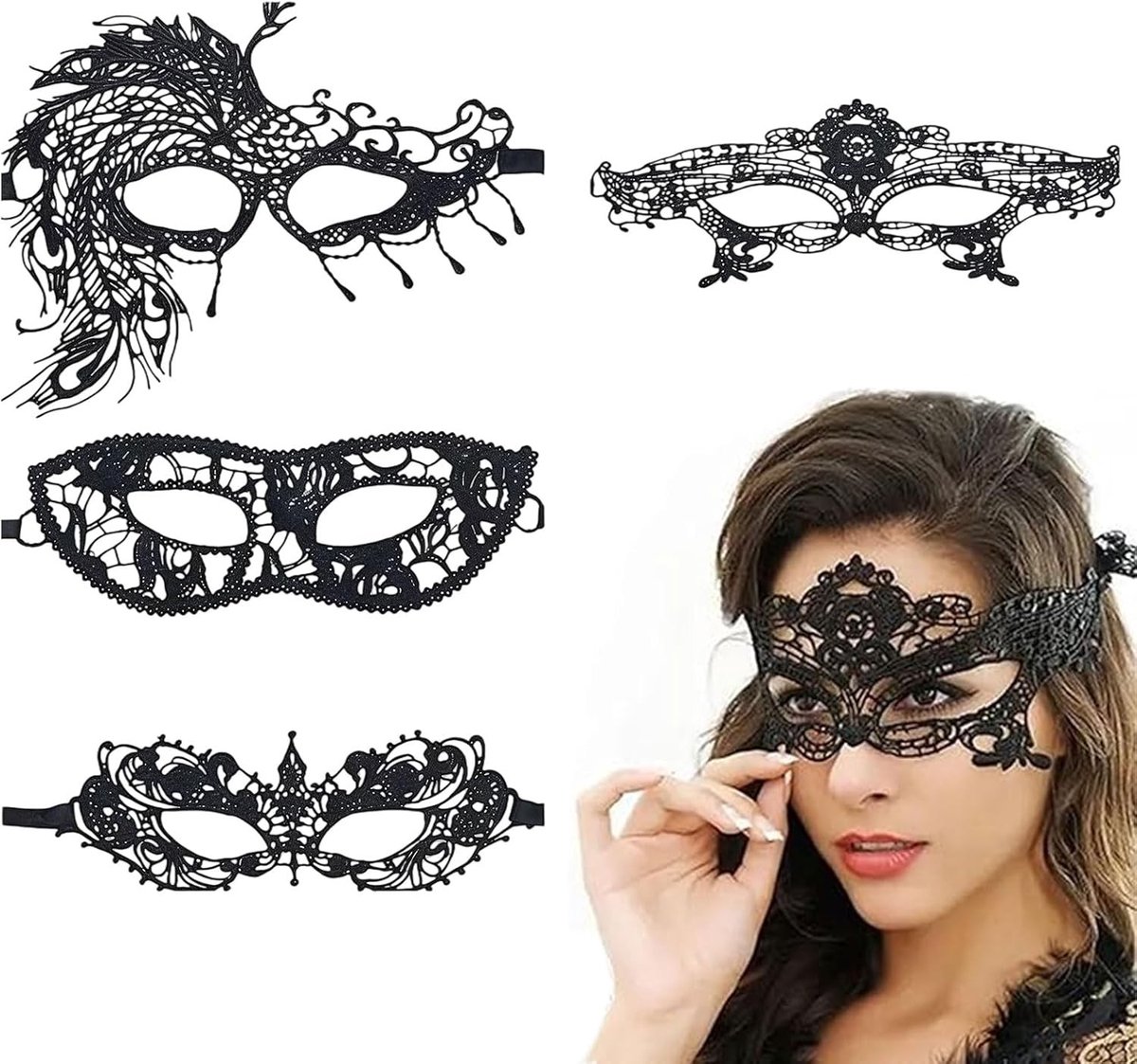 Set van 4 damesmaskers, ideaal voor carnaval, themafeesten en kostuums, zacht en comfortabel, met kant en unieke ontwerpen