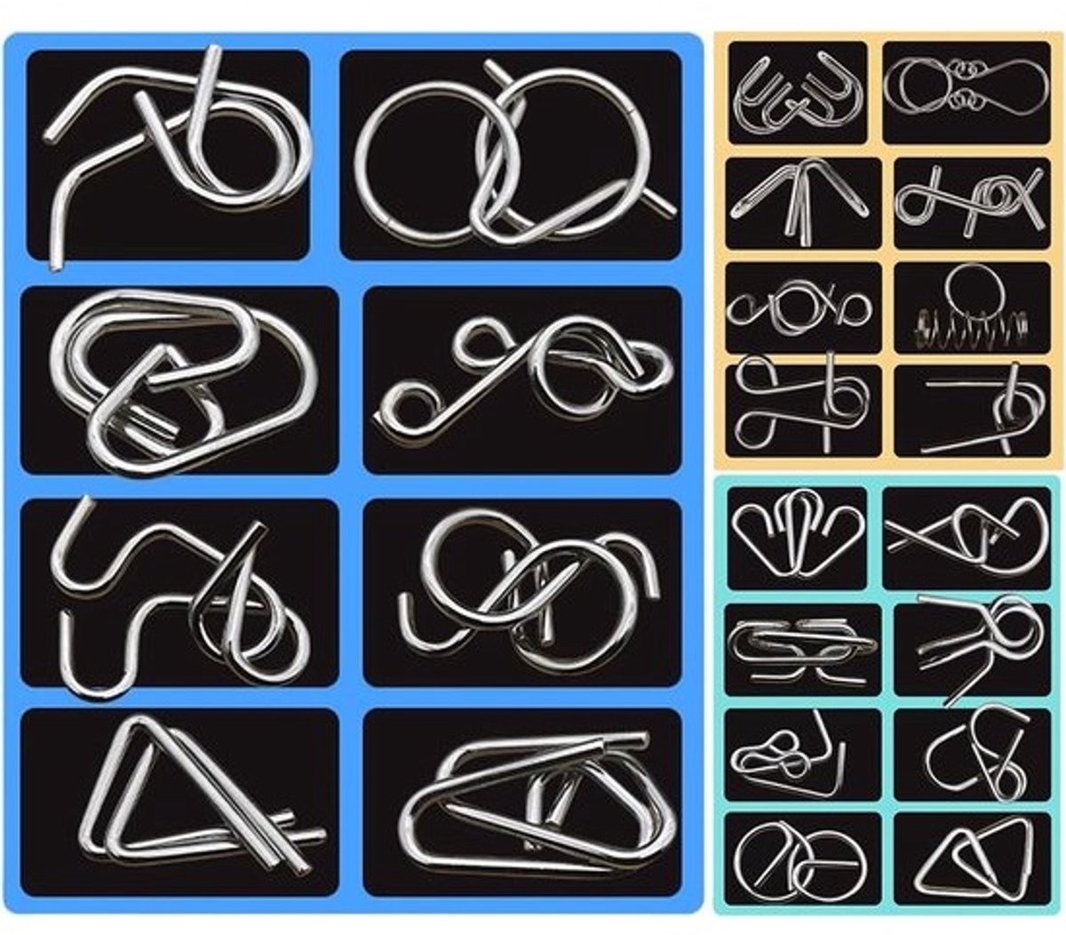 Metalen Hersenkrakers - Puzzelset Logica - Hersentraining - 24 Ontwerpen - 18x13.5 cm - Zilver