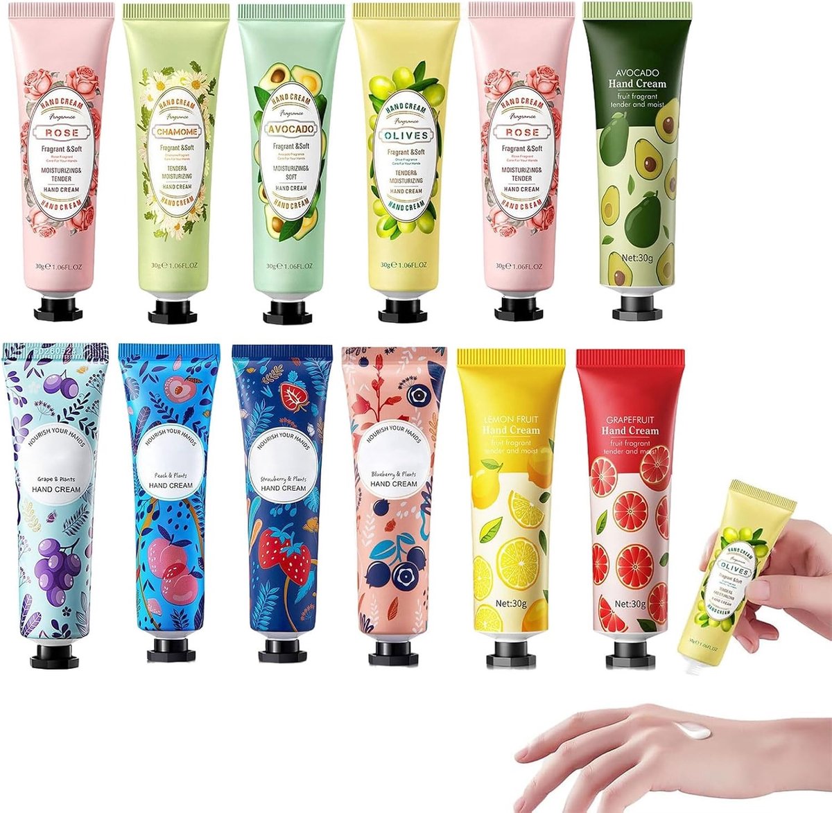 Verzorgende Handcrème Giftset met 12 Mini Handcrèmes - Perfect als Kerst- of Verjaardagscadeau voor Vrouwen, Hydraterende Crème voor Handen en Voeten