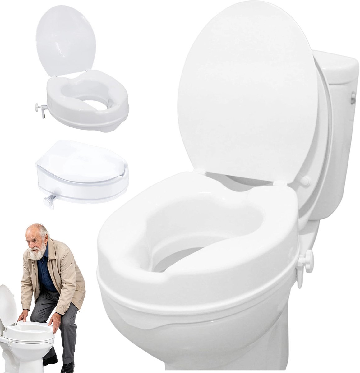 Toiletverhoger met Deksel - WC Verhoger - Verhoogde WC Bril - 10 cm Hoog - 136 kg Draagvermogen - Kliksysteem - Geen Gereedschap - Toiletbril Verhoger - Voor Ouderen & Zwangeren & Mindervaliden