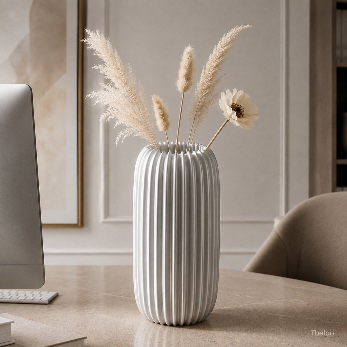 Tbeloo Decoratieve Vaas – Moderne Geribbelde Bloemenvaas – 3D Geprint – Grijs – 15 x 7,5 cm