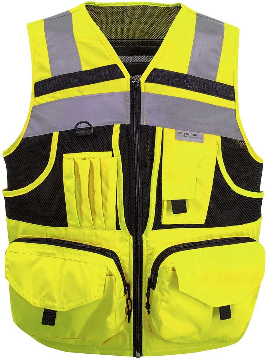 Veiligheidsvest met reflecterende strepen - Geel met 10 zakken