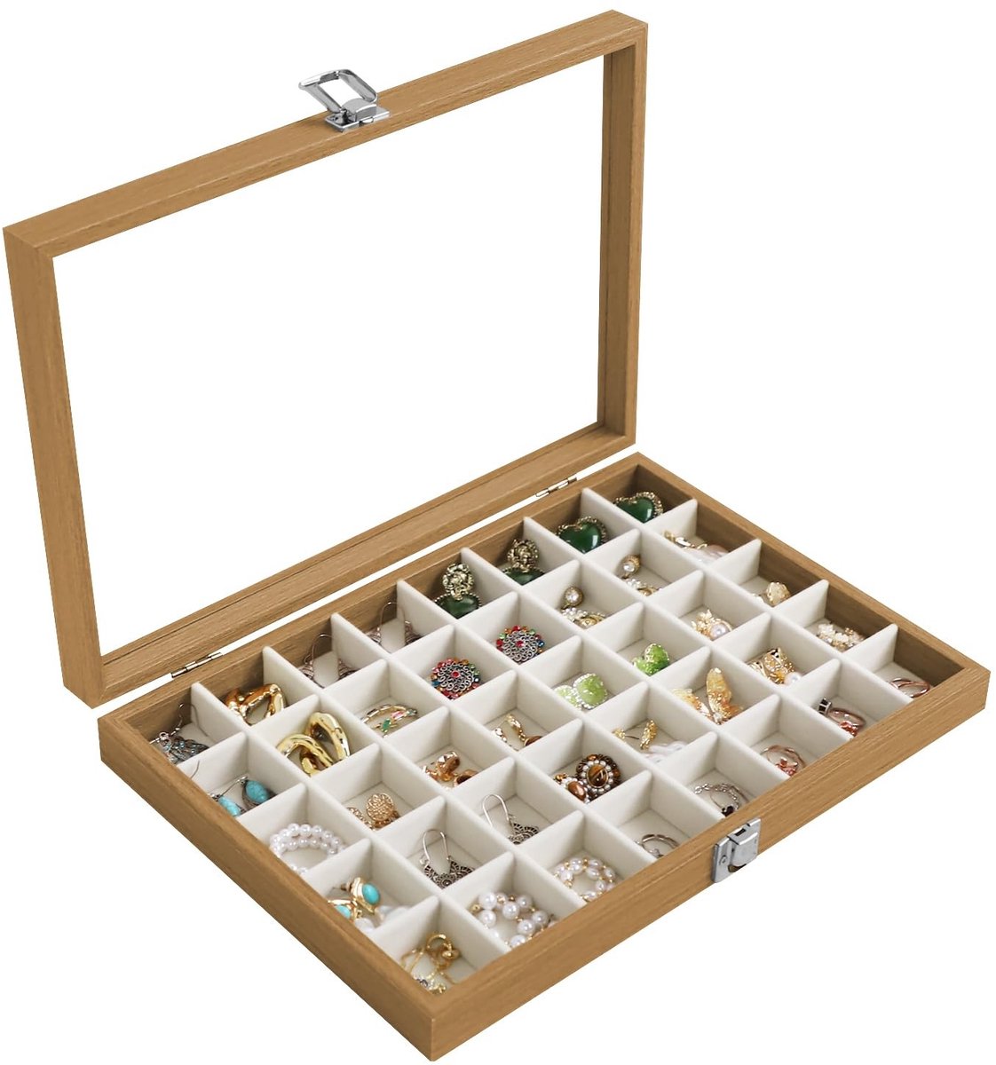 Sieraden Organizer - 40 Compartimenten Houten Doos voor Oorbellen en Ringen