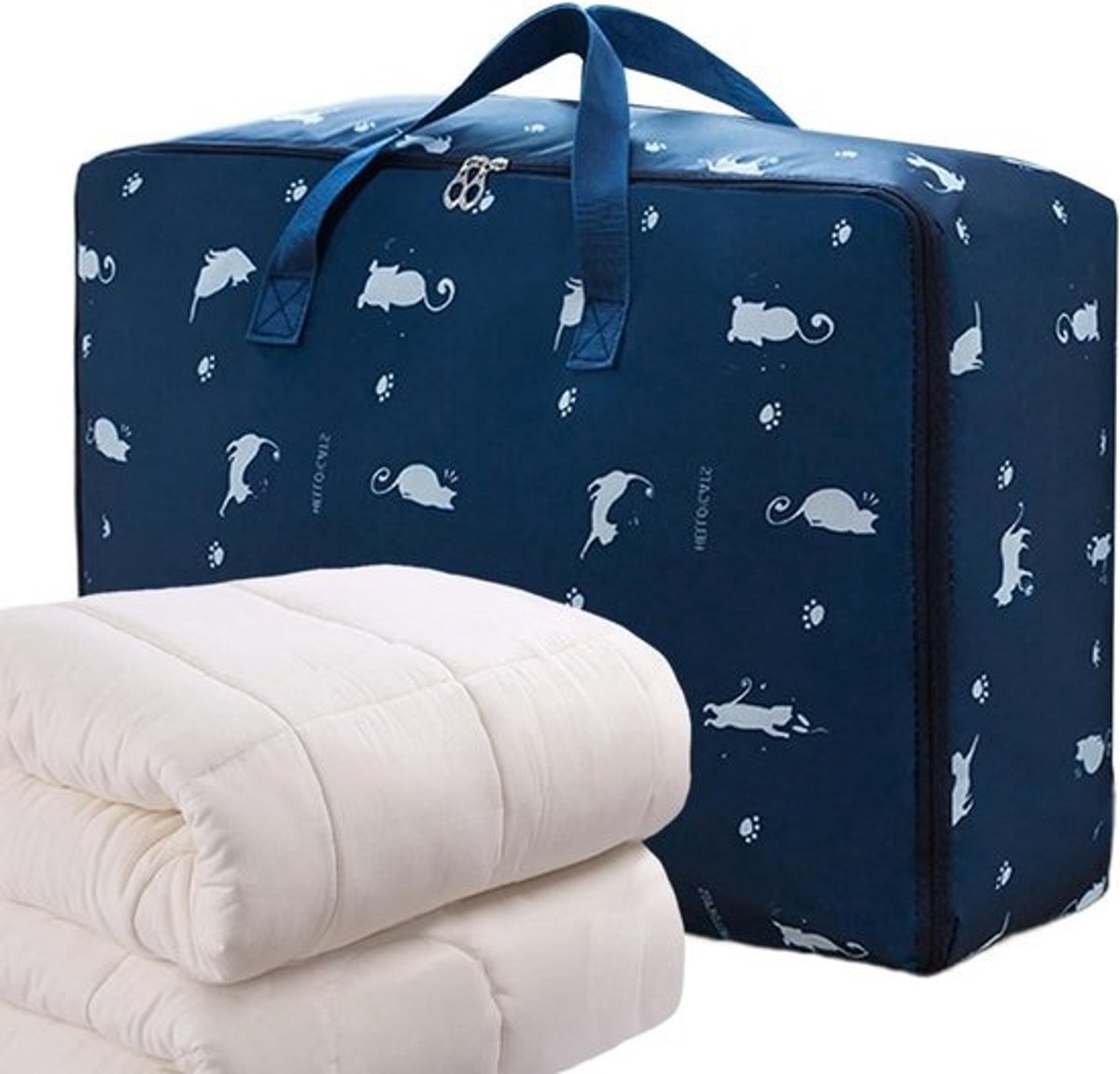 Dekens Opbergzak - Beddengoed Organizer - Ruimte Besparen - Vouwbaar Ontwerp - 55x33x20cm - Marineblauwe kat