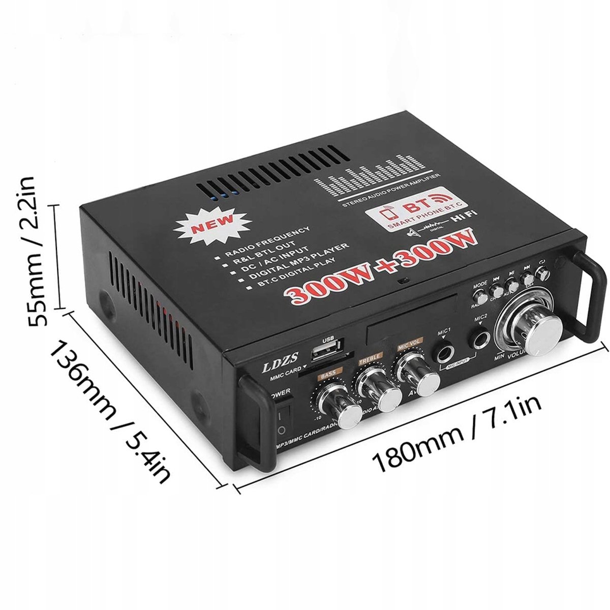 Bluetooth Versterker - Mini Versterker - HiFi Stereo Audioversterker - 2 Kanalen - 300W+300W - USB/SD - FM Radio - Dubbele Microfooningang - Afstandsbediening - 12V/220V - Voor Karaoke & Home Cinema thumbnail 5