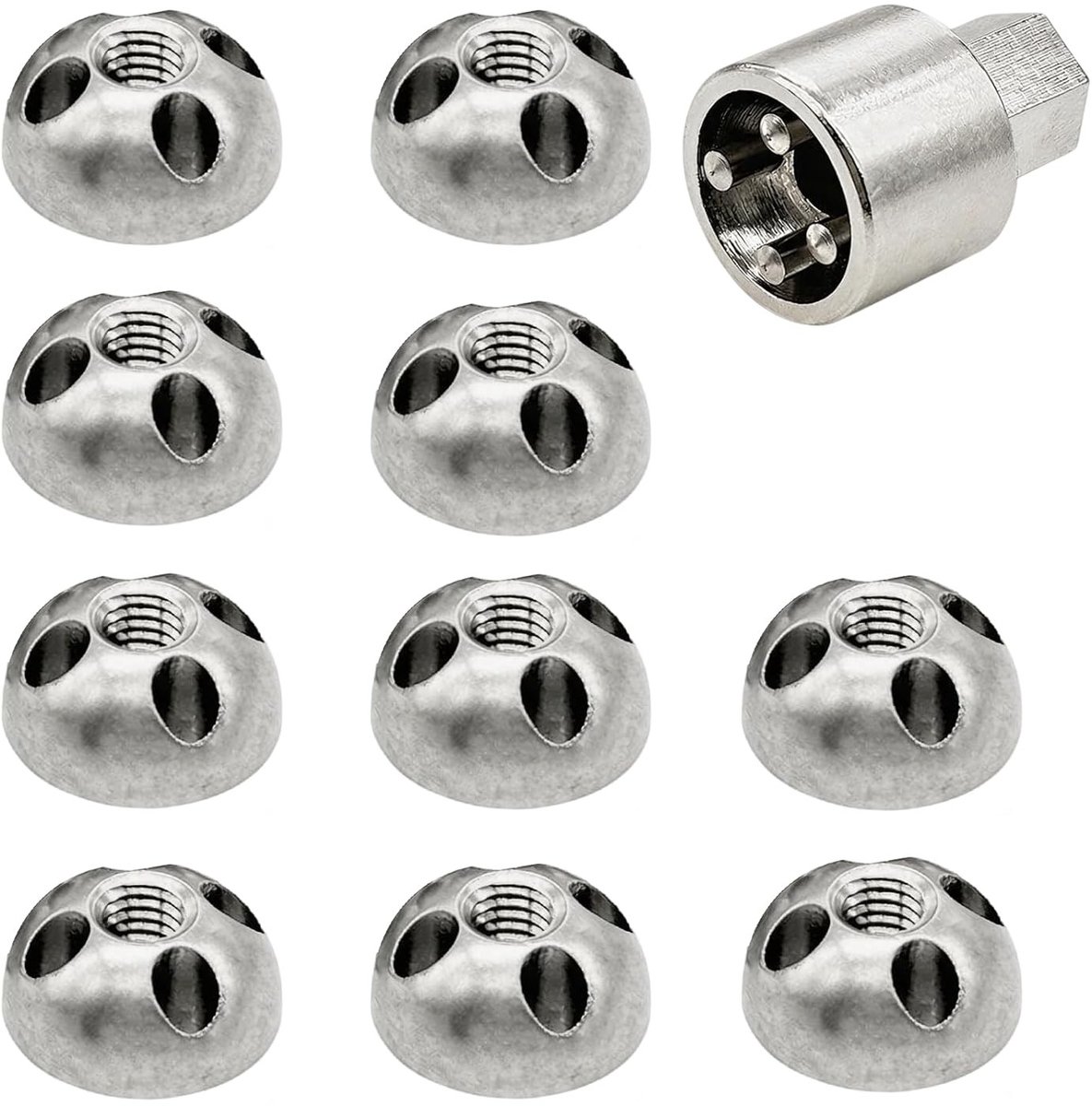 Set van 10 M8 x 1.25 mm Anti-Diefstal Moeren met 1 Speciale Sleutel, Veiligheidsmoeren van RVS voor Fietsendragers, Beveiligingscamera's en Zonnepanelen