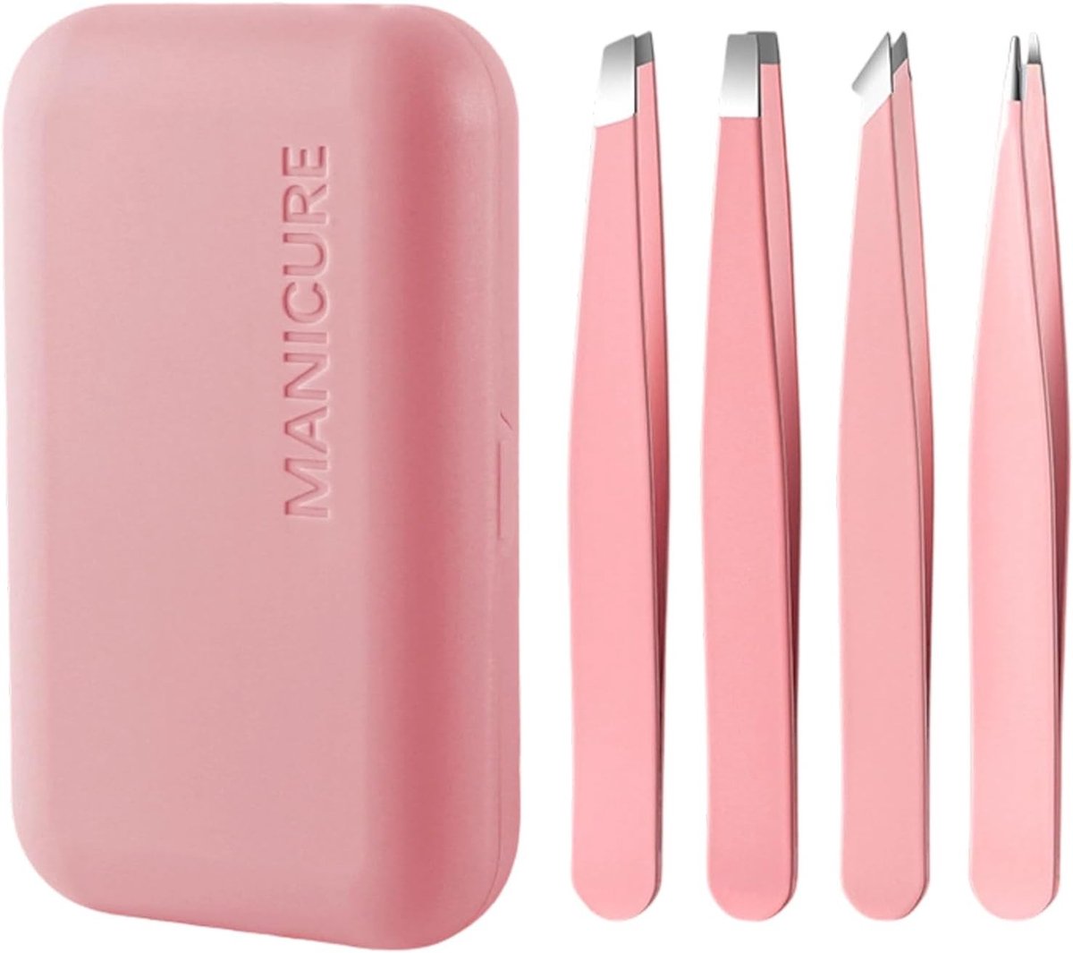 Set van 4 Professionele RVS Pincetten met Haak, Punt, Plat en Gehoekte Pincet, Inclusief Make-up Spiegel, Voor Nauwkeurige Verwijdering van Fijne Haren en Mee-eters, Met Roze Reistas