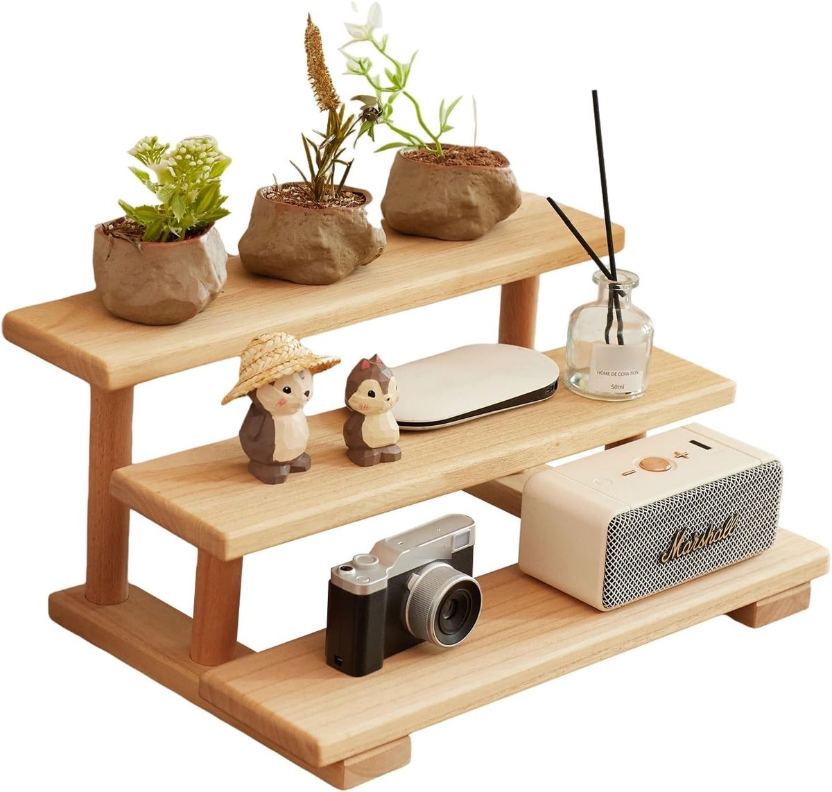 Houten Plank met 3 Niveaus van Paulownia Hout, Ruimtebesparende Tafelplank, Multifunctionele Decoratieve Plank voor Woonkamer, Keuken en Slaapkamer, Handgemaakt en Modern Ontwerp