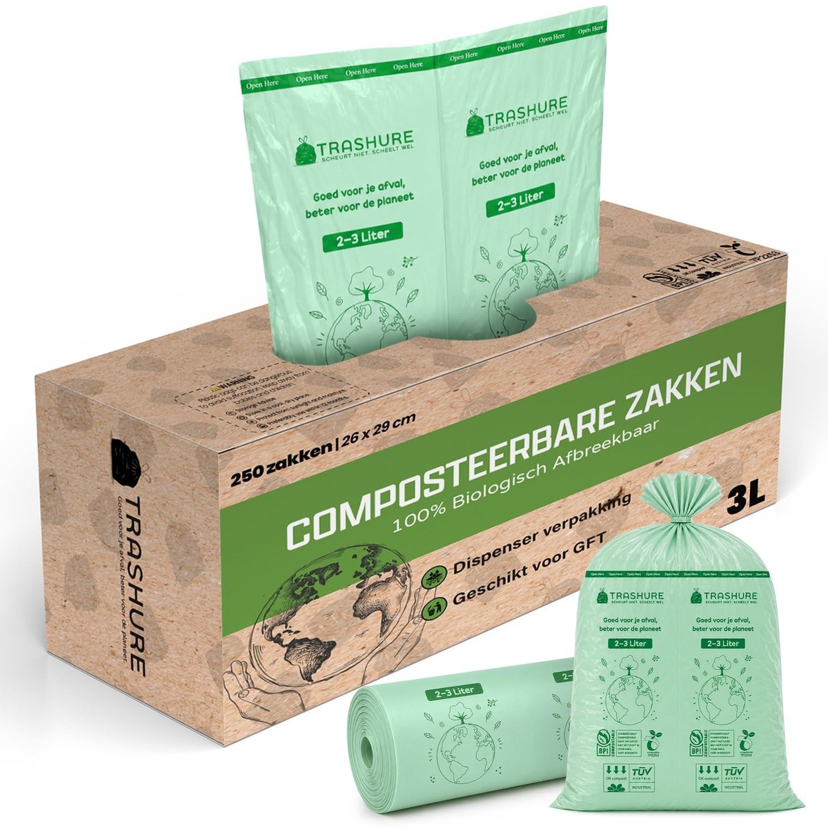 Biologisch afbreekbare Afvalzakken - 2/3 liter, 250 stuks