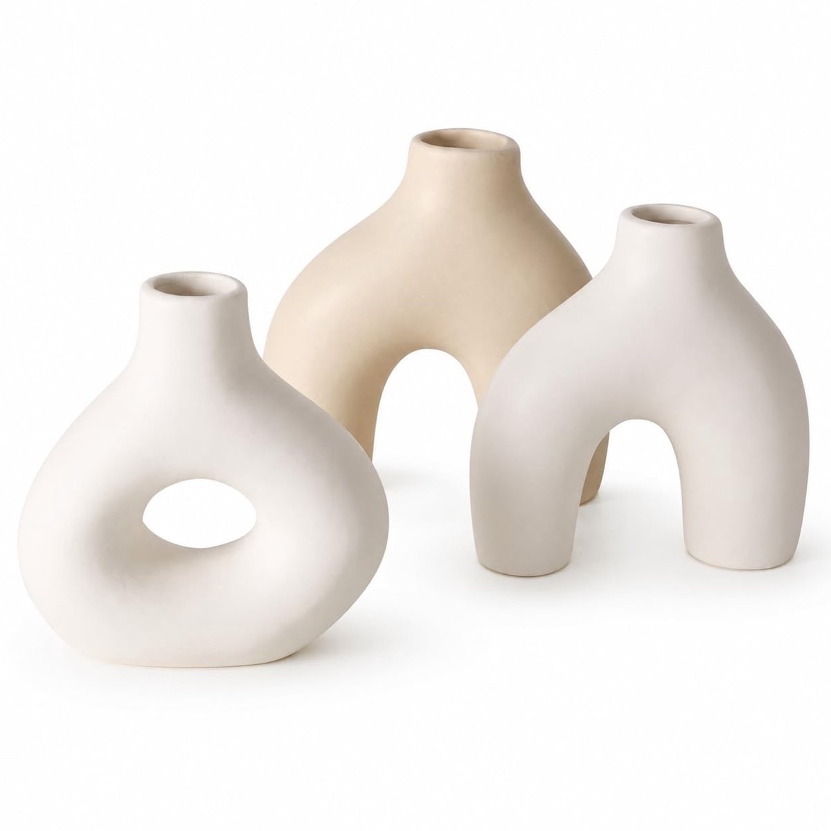 Set van 3 handgemaakte vazen - Aardewerk met matte glazuur in crème/beige