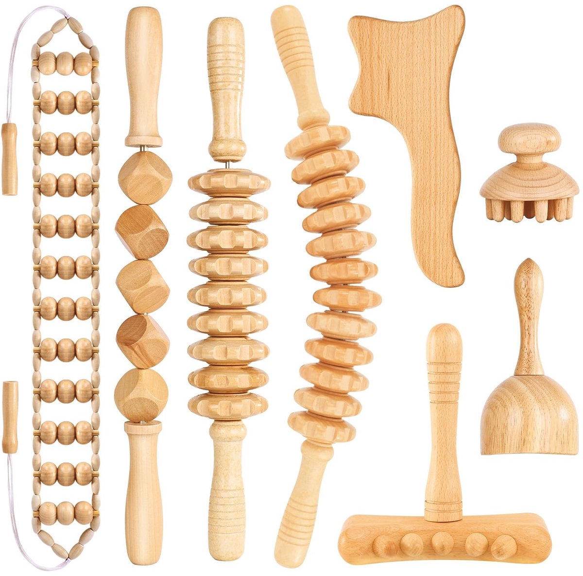 Set van 8 Houten Massage Rollers - Voor Lichaamsvormgeving en Lymfedrainage
