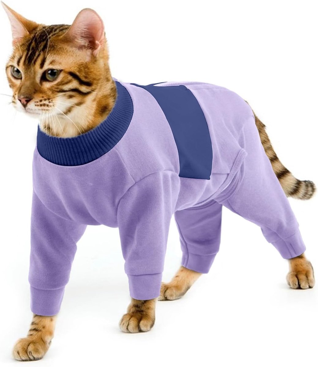 Katoenen Pyjama voor Katten, Jumpsuit en Onesie voor Winter, Verlicht Angst en Gemakkelijk Aantrekken en Uittrekken (Lilac, M)
