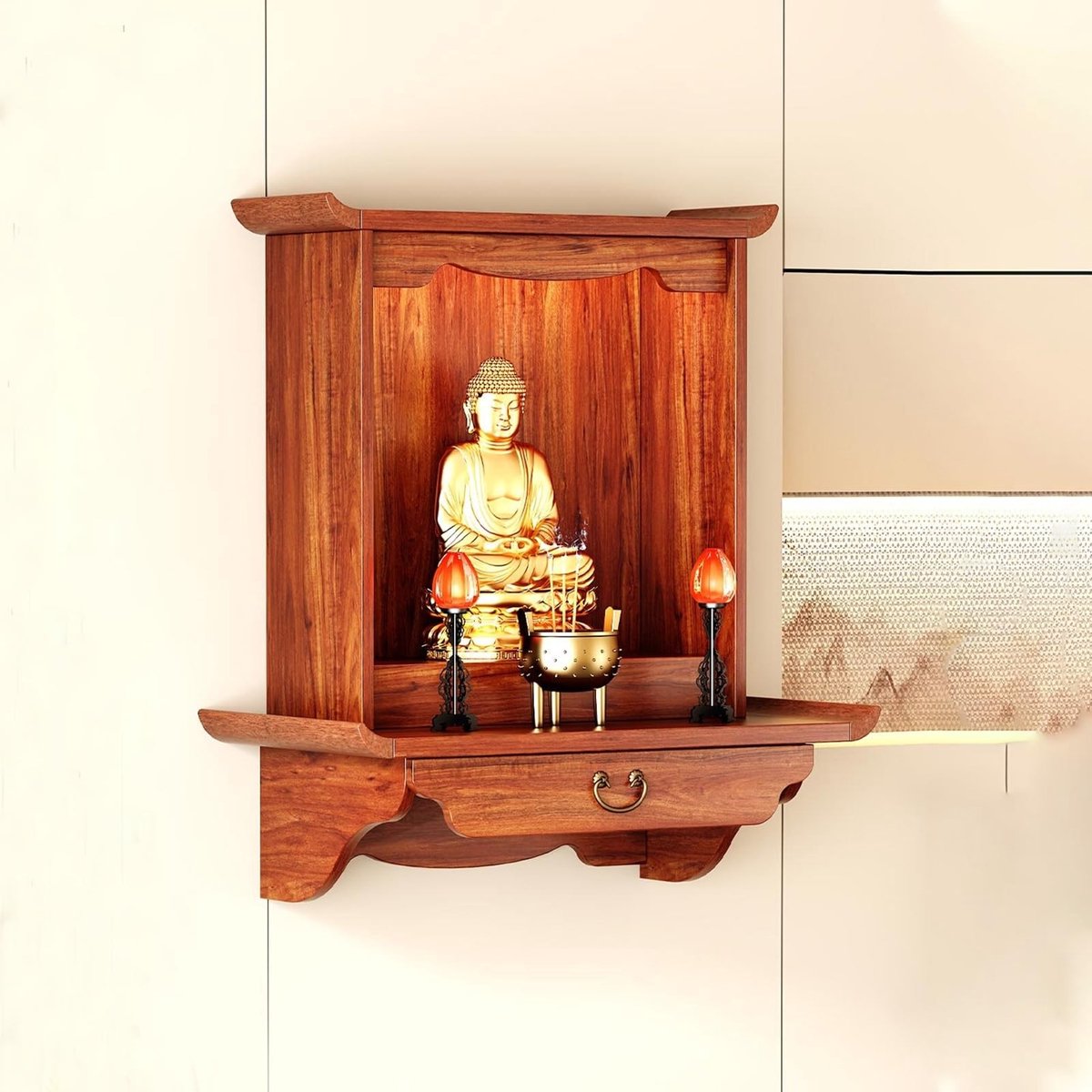 Wandgemonteerde Boeddha-altaartafel - Persoonlijk Altaar - 79x40x48cm