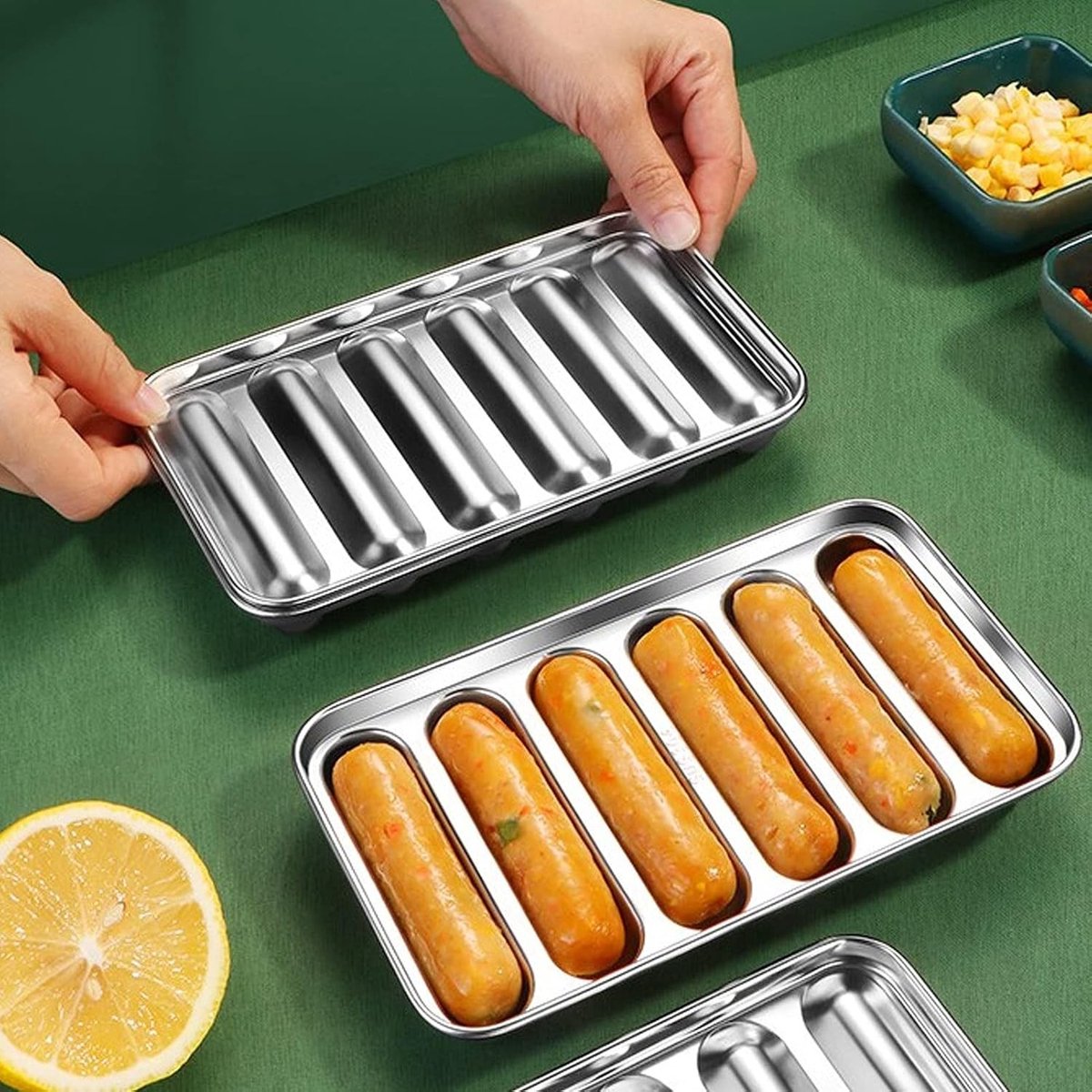 RVS Worstenmal met Deksel voor 6 Vormen - Ideaal voor Thuis, Koken en BBQ - Antiaanbak en Duurzaam