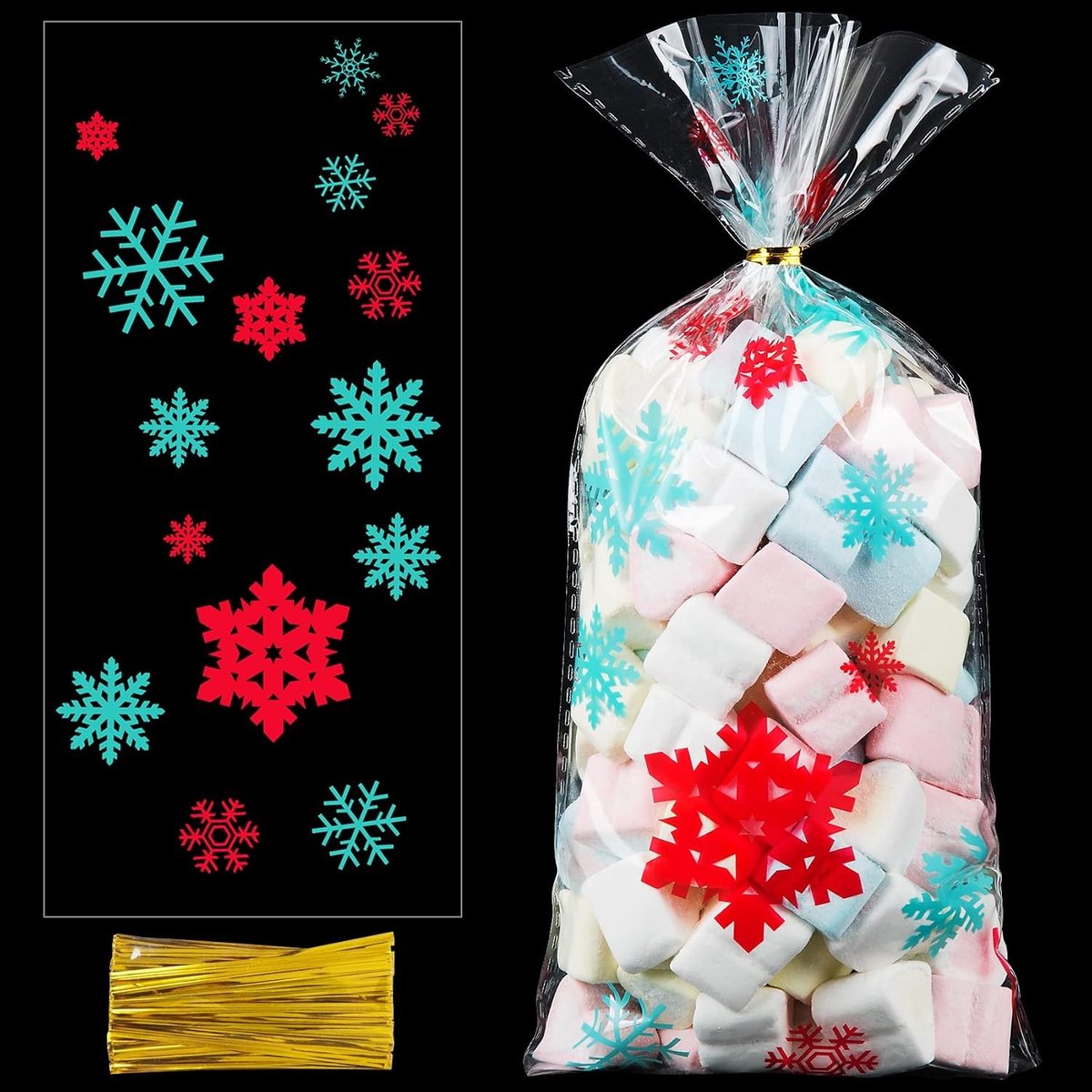 Set van 100 Kerstmis Koekjeszakken van Cellofaan met Sneeuwvlokken, Transparante Cadeauzakken voor Snoep en Chocolade, 5 x 10,6 inch