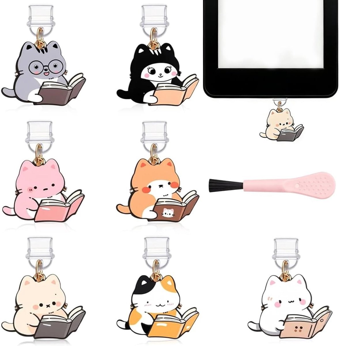7-pack stofdoppen met kattenaanhangers, Type C/USB-C en interstitiële borstel, accessoires voor e-readers, tablets en smartphones, perfect cadeau voor haar