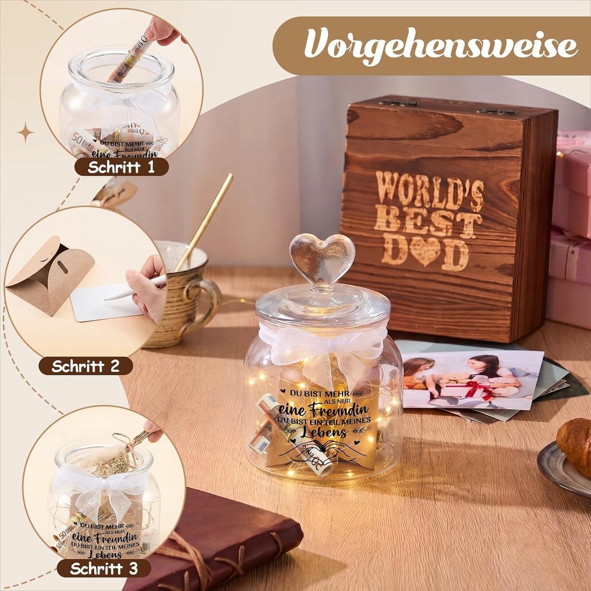 Cadeauverpakking met Geld, LED Fleslicht met Gedroogde Bloemen en Wenskaarten Enveloppen voor Vriendinnen