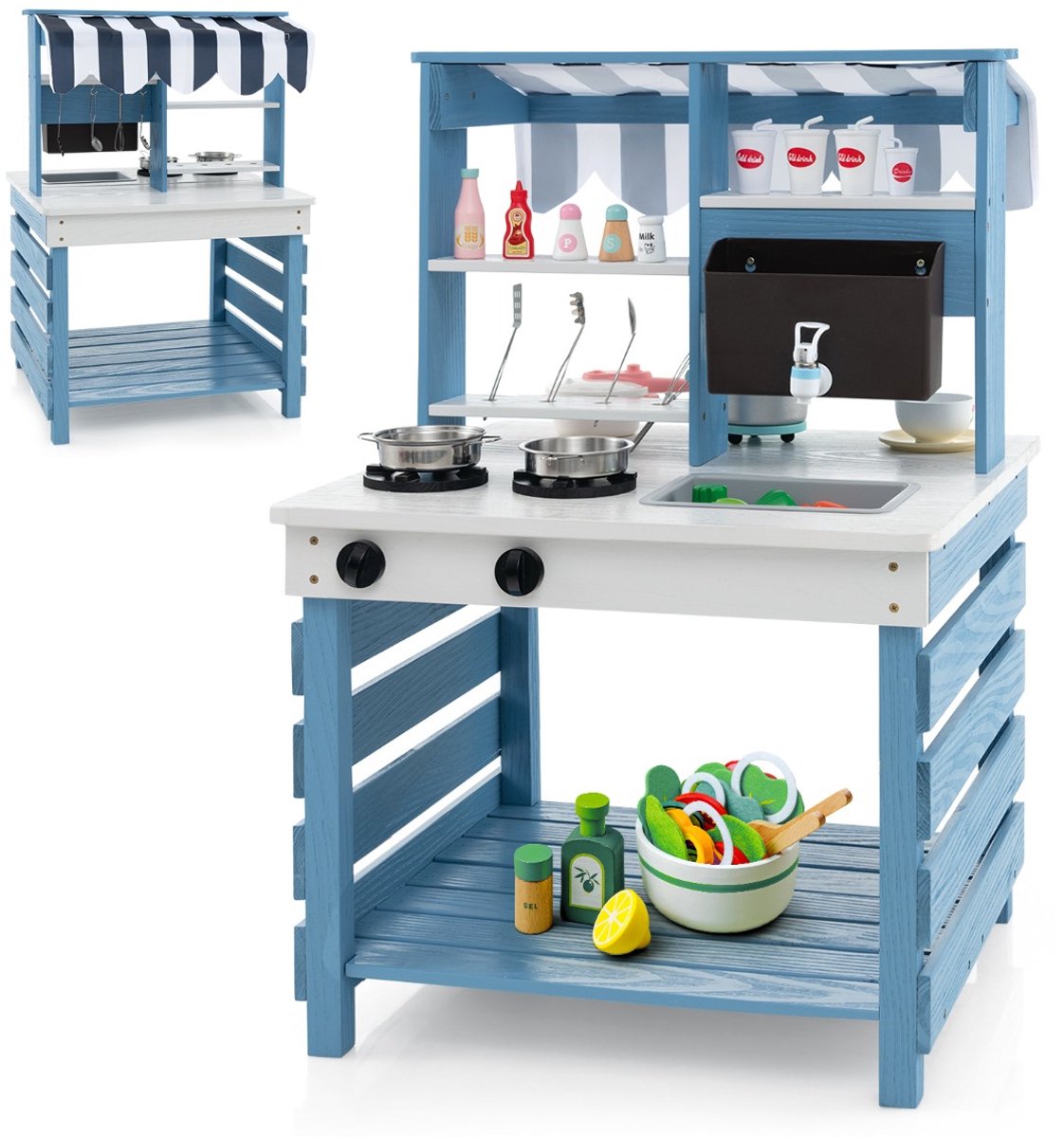 SureDeal® - Rollenspell - Modderkeuken Dubbelzijdig Houten - Eetrek - Fornuis Gootsteen Waterbak - Keukengerei - 58x56x87 cm - Blauw + Wit