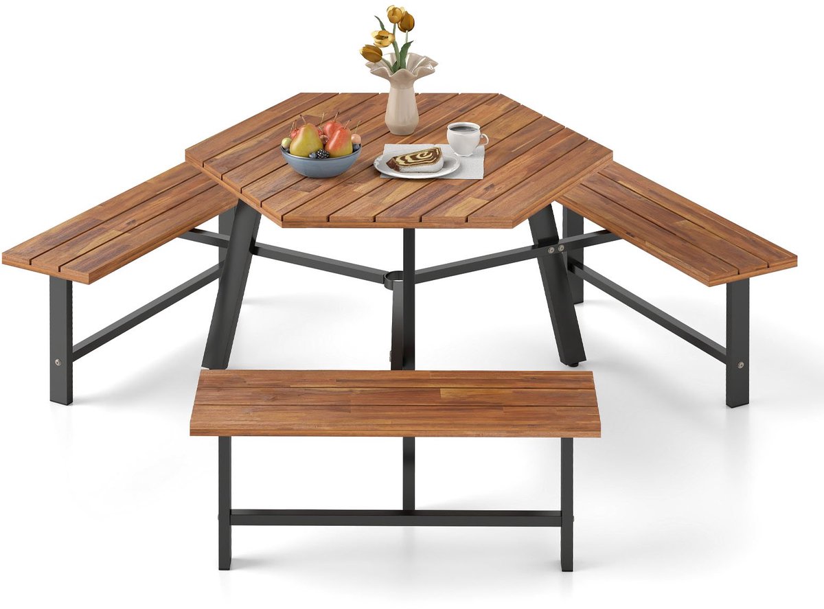SureDeal® - Tuinmeubel - Personen Picknicktafelset Acaciahout - Zitplaatsen Parasolgat - 191x165x70 cm - Bruin + Zwart