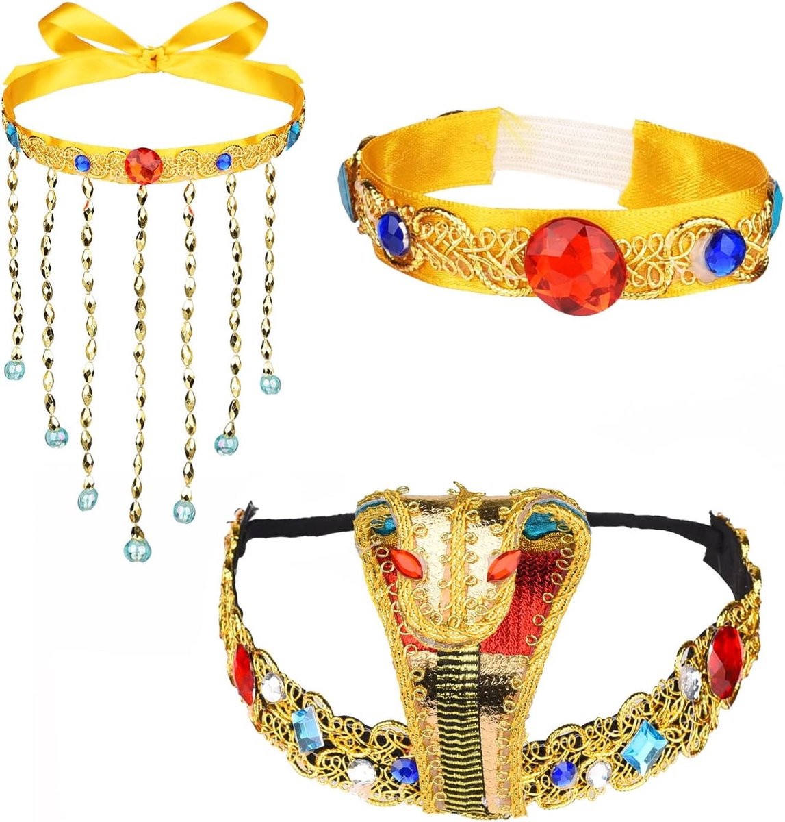Egyptische hoofdtooi en kostuumaccessoires set met kwastje, ketting en gouden armband voor Halloween kostuums voor vrouwen en meisjes