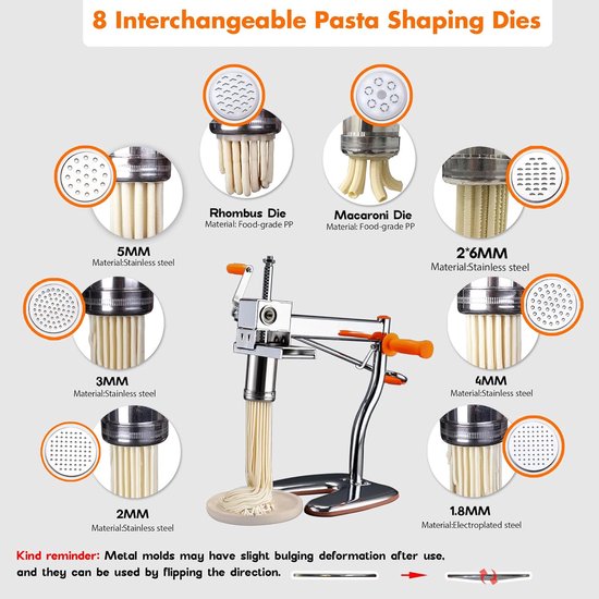 Pastamachine - Noodle Maker - Thuis Pasta Maken - 8 Verschillende Mallen - Handmatig - Zilver van Pastamachine — afbeelding 4