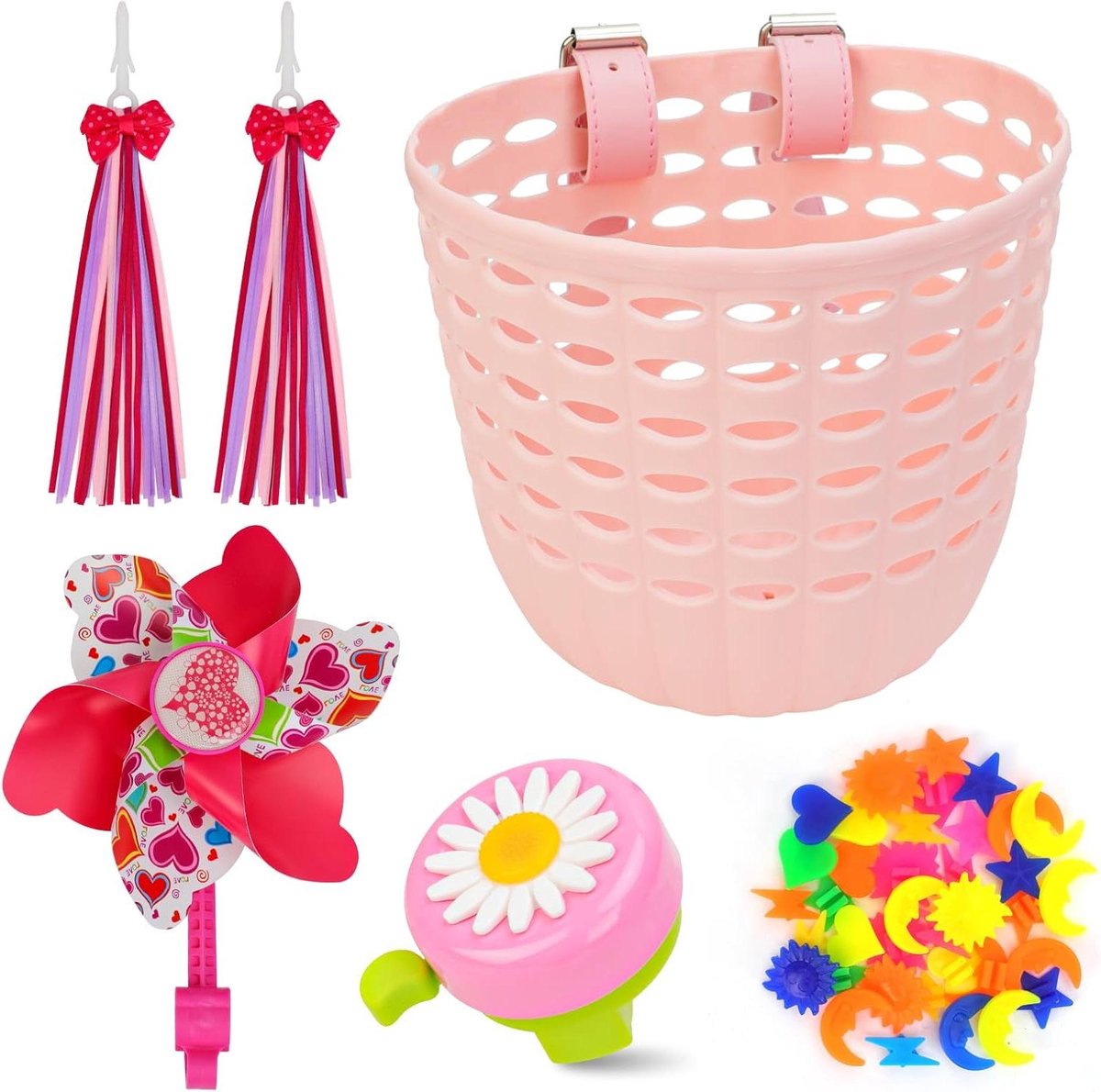 Kinderfiets Accessoires Fietsdecoratie Set Fiets Plezier Compleet Met Mand 4 Delig Roze