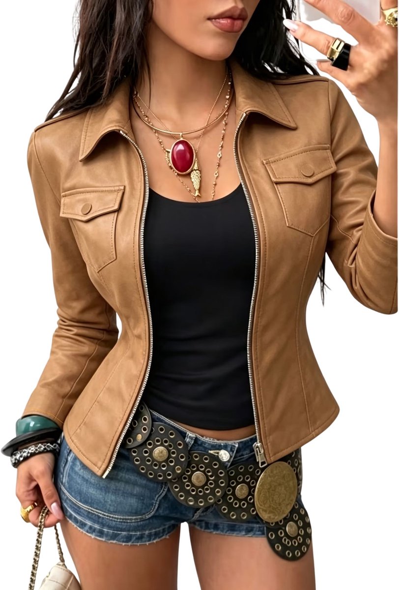 Currero Kunst Leren Jas Leather Jacket Lederen Jas Bomberjack Pilotenjack Blazer Biker Motorjas Motormuis Dames Kameel Geel