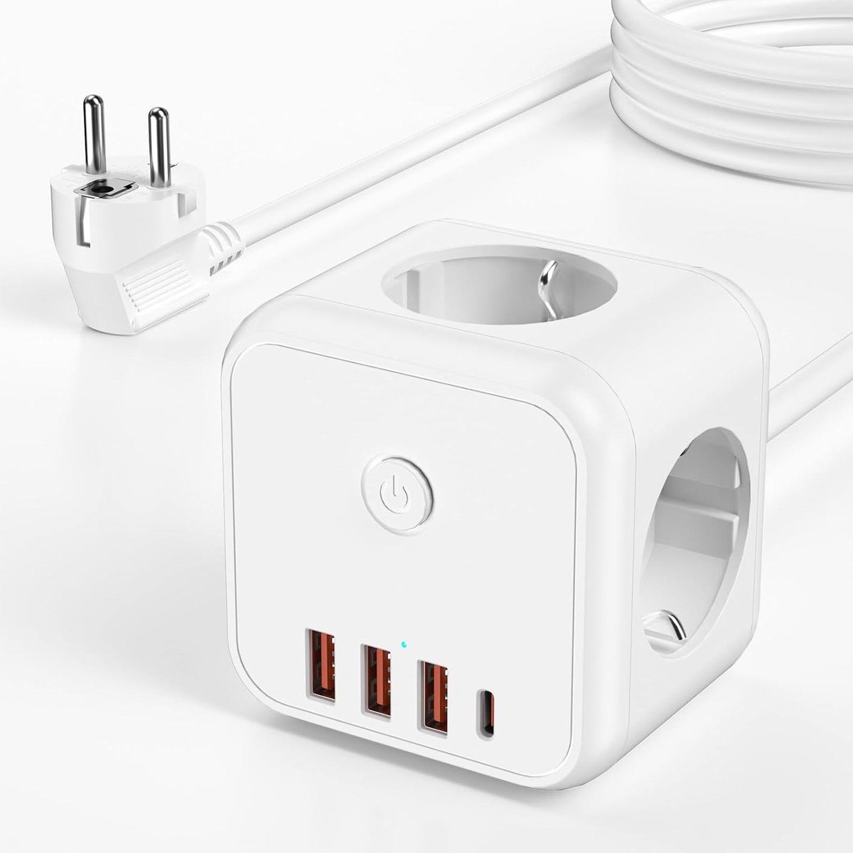 Stekkerkubus met USB C - Meervoudig stopcontact - Apparaten opladen - 7-in-1 ontwerp - 1.5m kabel - Wit