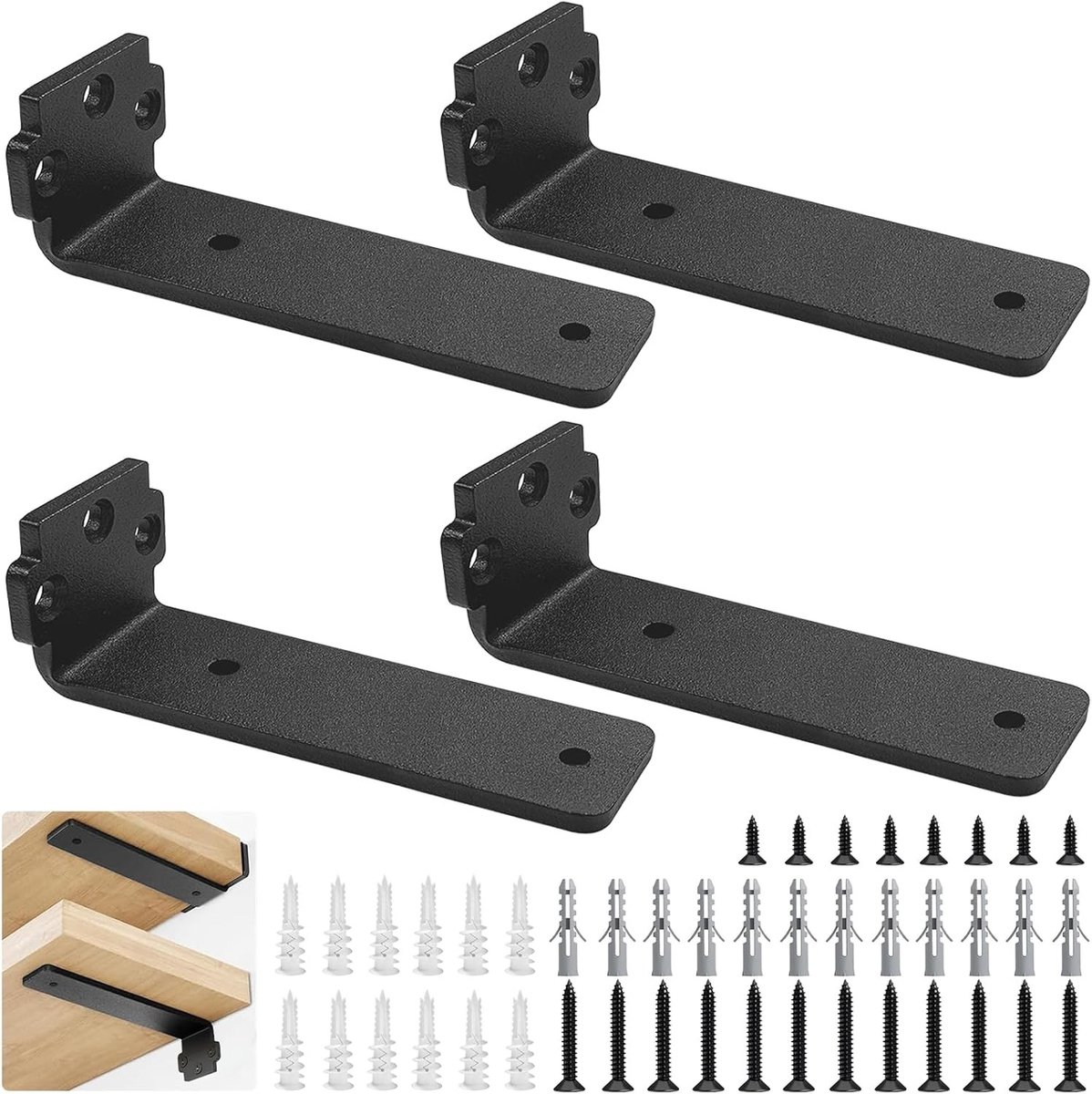 Set van 4 Wandplanksteunen 10cm/12.5cm, Zwarte L-vormige Steunen voor Wandmontage, Boekenplanken en Decoratieve Planken