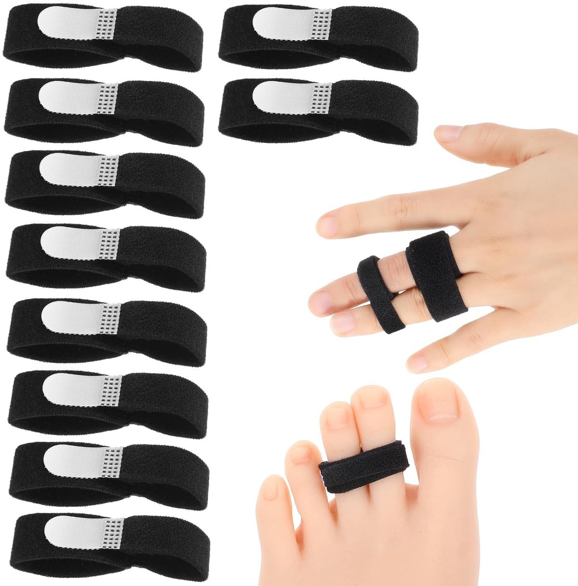 Set van 10 Elastische Vingerbanden, Zwart Antislip Klittenband voor Vinger- en Teenbescherming, Herbruikbare Oplossing voor Breuken en Verstijvingen
