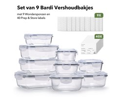Bardi Glazen Vershoudbakjes 9-delig – Meal Prep Bakjes – Luchtdicht & Lekvrij – Oven, Magnetron & Vriezer – 9 Wonderspons + 40 Prep & Store Labels