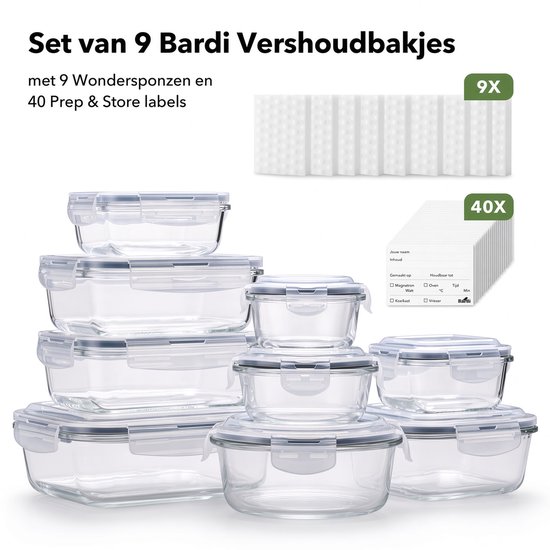 Ensemble complet de 9 récipients de conservation Bardi en verre, 9 éponges Wonder et 40 étiquettes.