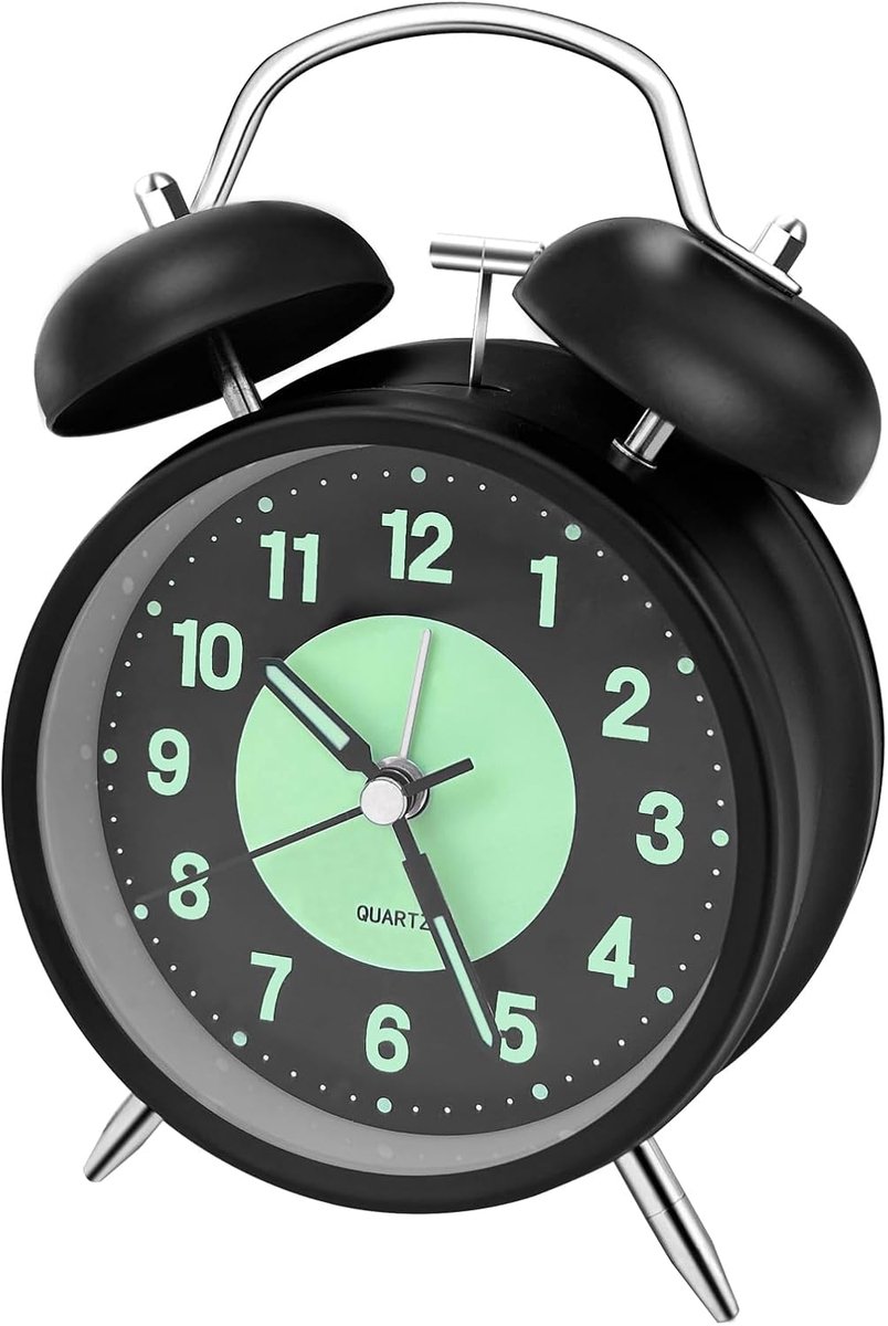 Dubbele wekker met lichtgevend en stil alarm, retro elektronisch quartz uurwerk, geen tikgeluid, voor slaapkamer of woonkamer, zwart, groot klassiek wekkermodel
