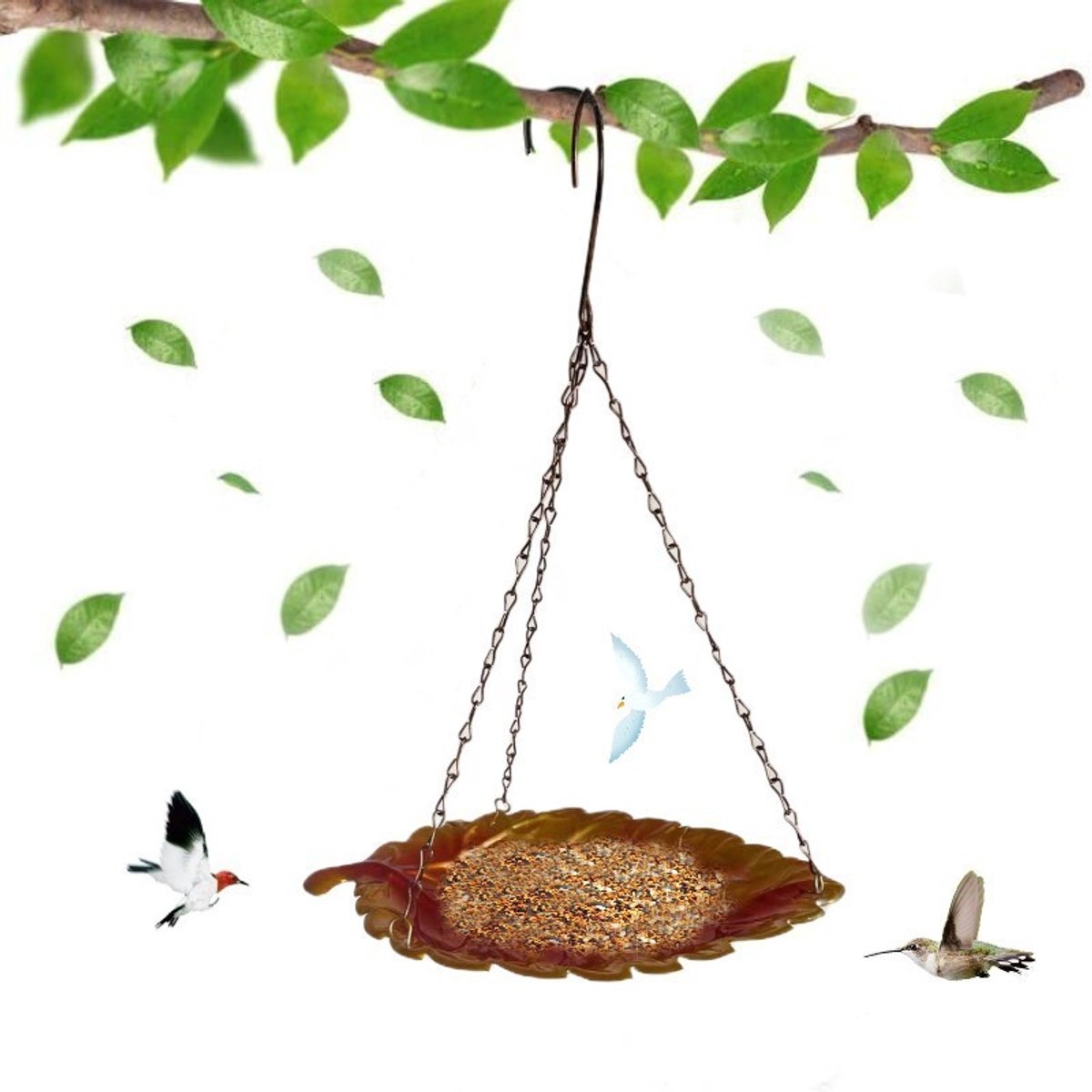 Metalen hangende vogelvoeder, wilde vogelvoeder, bladvormige voerbak, rustiek dienblad, feeder, wilde vogel tuindecoratie