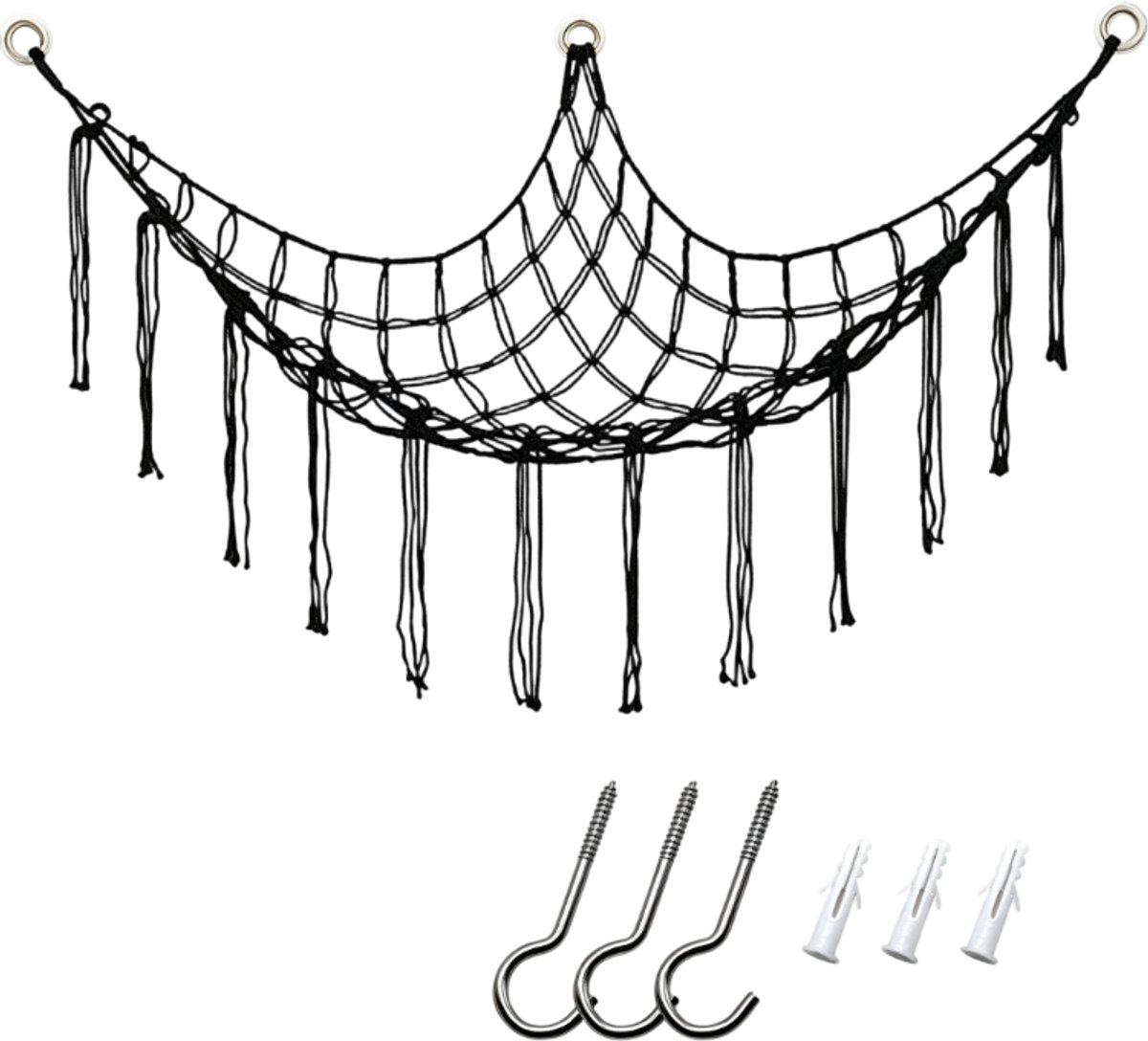 casalora Speelgoed Hangmat – Opbergnet voor Knuffels – Gevlochten Katoenen Opbergnet – 100 × 100 × 150 cm – Zwart(Exclusief Knuffels)