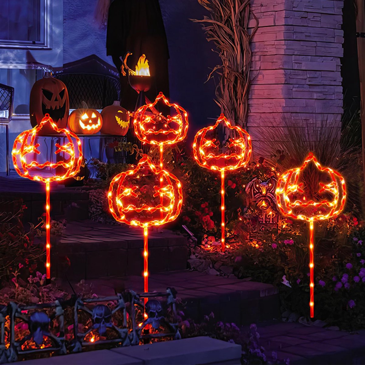 Halloween Pompoen, zonnepompen voor tuin en terras, set van 5, waterdichte lichtmodi (8) - ShopVlot