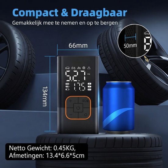 VALI® Mini Compressor - Elektrische Bandenpomp - Bandenpomp Compressor - Zwart - 7cm x 5cm x 13cm — afbeelding 2