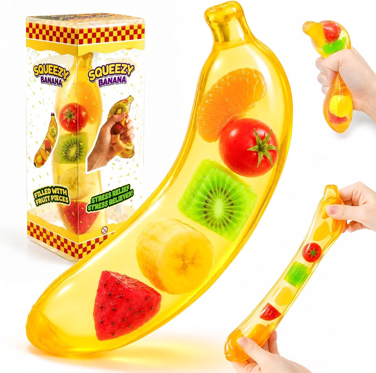 Casalora®Transparante banaan squishy – langzaam terugverend – realistisch fruit knijpspeelgoed – sensorisch speelgoed – stressverlichting – kleurrijk fruitontwerp– ideaal voor verjaardag, Kerst & feestcadeau – 16 cm