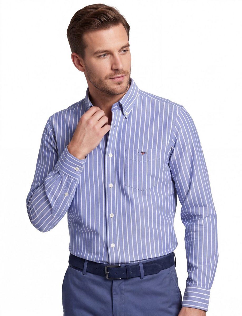 Blauw Gant overhemd wit gestreept Regular Fit